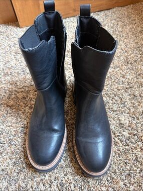 Sun + Stone Black Leather Mid-Calf Pull-On Moto Boots